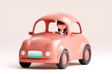 Papier Peint photo Lavable Voitures de dessin animé 3D rendering of cute female driver with car