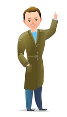 Little boy in autumn cloak. Teen in warm clothes for rain. Cheerful person. Standing pose. Cartoon comic style flat design. Single character. Illustration isolated on white background. Vector