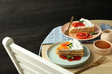 Concept of tasty food with pie with meringue and citrus