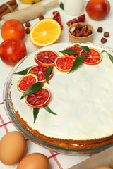 Concept of tasty food with pie with meringue and citrus