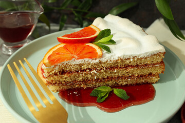 Concept of tasty food with pie with meringue, close up