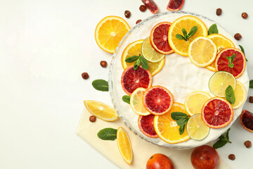 Concept of tasty food with pie with meringue, space for text