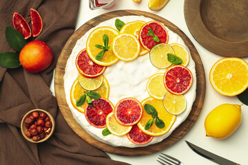 Concept of tasty food with pie with meringue, top view