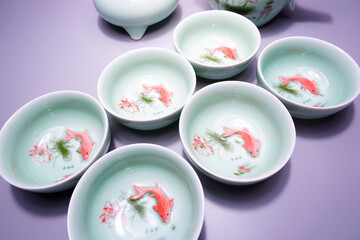 Ceramic bowls for the Chinese tea ceremony close-up. Cups for tea ceremony on grey background