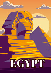 Vintage Poster Ancient Sphinx, Egypt Pharaoh Pyramids. Travel to Egypt Country, Sahara desert. Retro card illustration vector