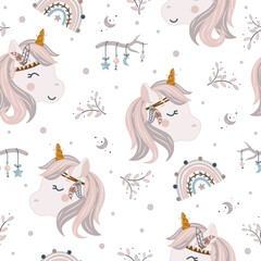 Fototapety  Cute unicorn and rainbow in boho style seamless pattern. design for scrapbooking, decoration, cards, paper goods, background, wallpaper, wrapping, fabric and all your creative projects