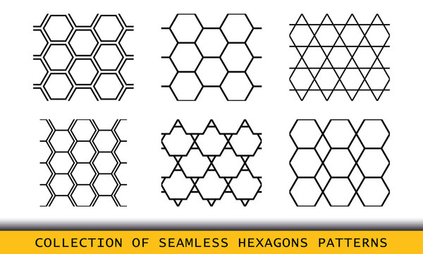 Hexagon set of geometric seamless patterns. Abstract honeycomb geometric graphic lines design