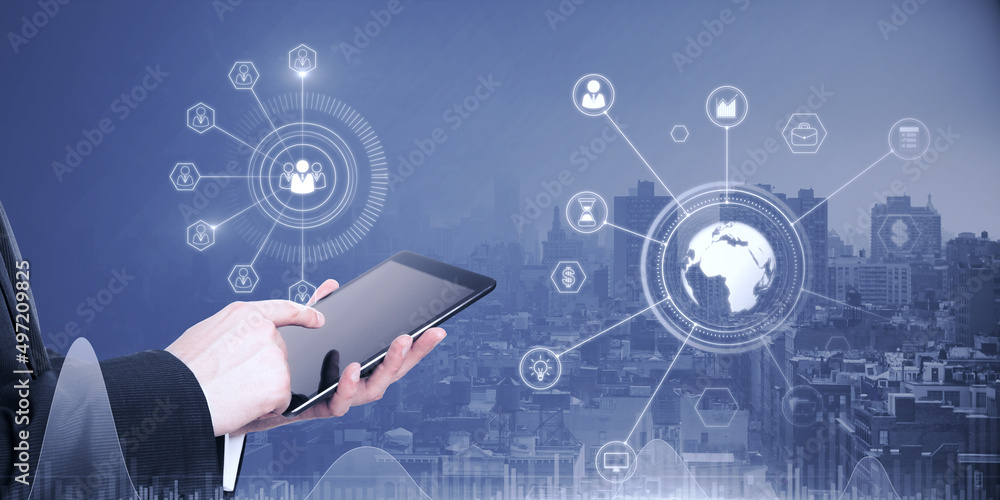 Poster close up of businessman hand pointing at pad with abstract glowing business data and earth hologram 