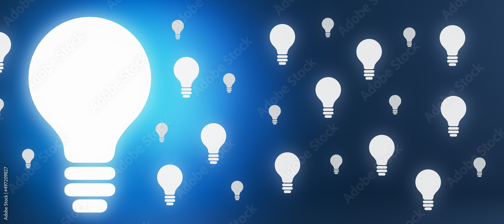Poster Creative wide light bulb on blue background with bright mock up place. Idea and success concept. 3D Rendering.