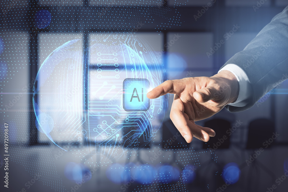 Poster close up of male hand pointing at abstract glowing ai sphere on blurry office interior background. a