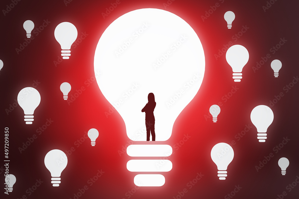 Poster creative businesswoman outline with light bulb on red background with bright mock up place. idea and