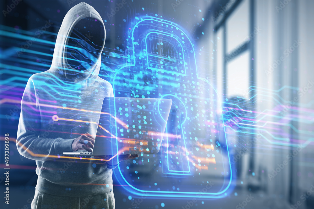 Poster Hacker using laptop computer with creative glowing digital padlock hologram on blurry office interior background. Secure, hacking and safety concept. Double exposure.