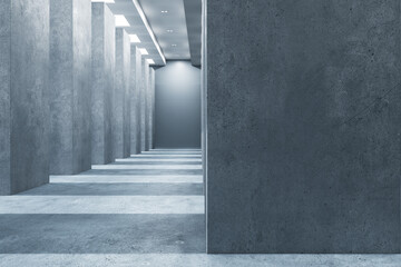 Modern concrete corridor interior with clean mock up place on wall, pillars and daylight. 3D Rendering.