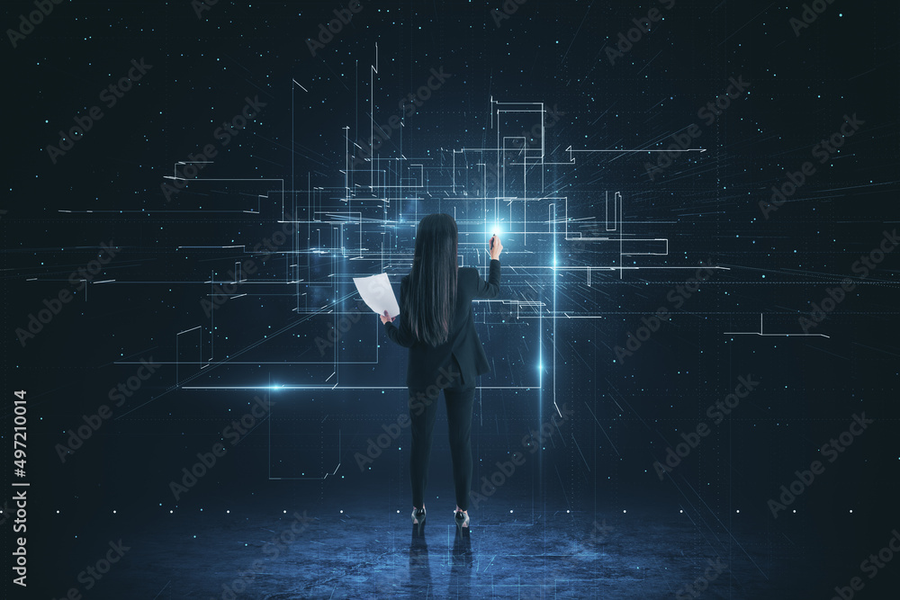 Poster back view of attractive young european businesswoman using abstract glowing lines interface on dark 