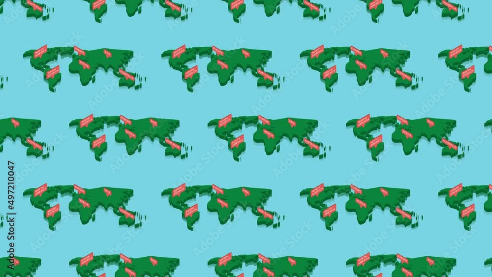 Aufkleber green isometric world map with orange pointers on a blue background. seamless loop horizontal moveme