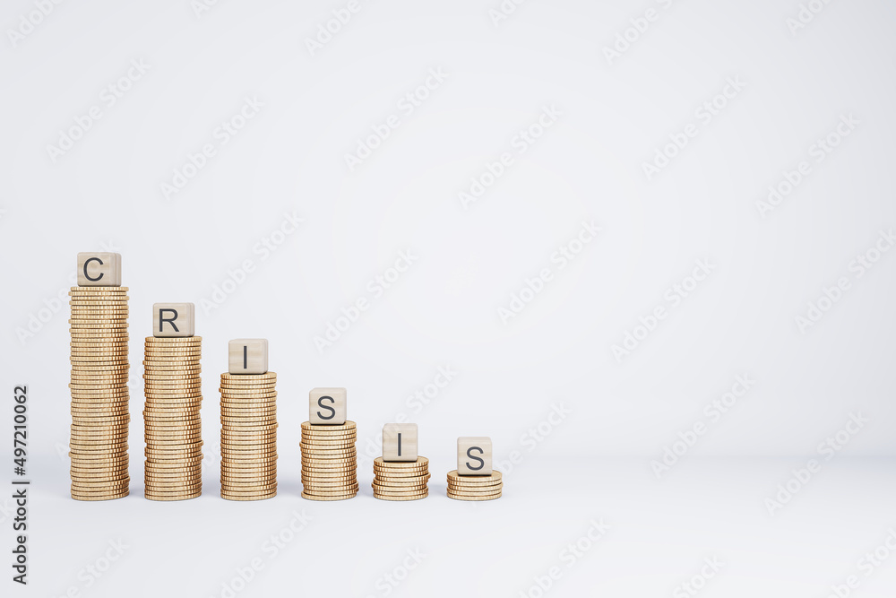 Poster Decreasing coin stacks with letter blocks on white background with mock up place. Crisis, finance and money concept. 3D Rendering.