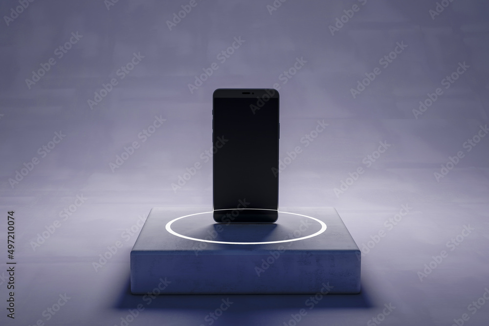 Aufkleber Close up of empty cellphone on concrete pedestal. Technology and device presentation concept. Mock up, 3D Rendering.