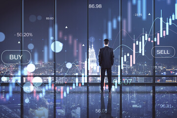 Back view of business man standing in dark office interior with big data index, forex chart and city view. Double exposure.