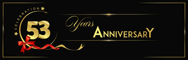 53 Years Anniversary Celebration Gold and Black Color Vector Template Design Illustration. anniversary celebration logotype with elegant modern number gold color for celebration, ribbon, luxury.