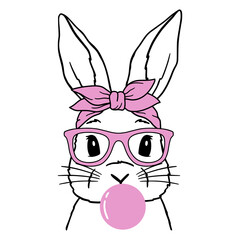 Cute Rabbit Line Art. Bunny With  Bandana, glasses and Bubble gum. Easter Bunny. Bunny sketch vector illustration. Good for posters, t shirts, postcards.