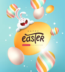 Easter greeting card banner background with cute rabbit and easter eggs falling.