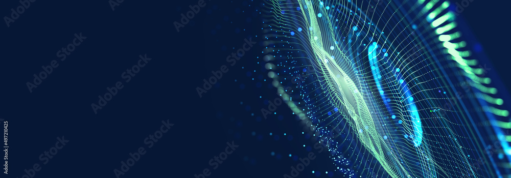 Poster Cyber plasma and neon rhythm. Big data orbit high-tech innovation. Emotion of musical sounds and vibration of strings. 3D illustration of artificial intelligence neural network