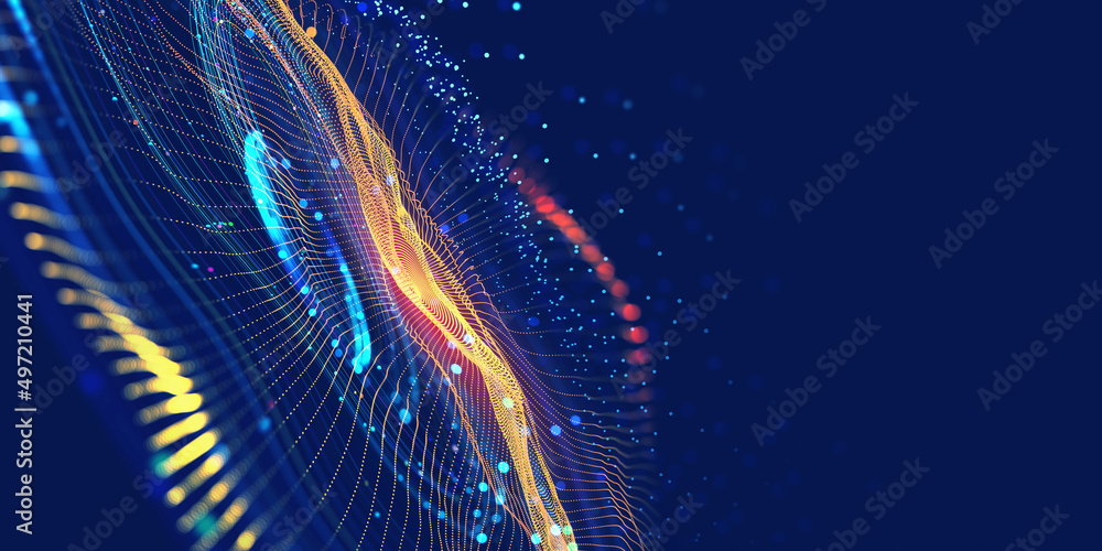 Aufkleber Cyber plasma and neon rhythm. Big data orbit high-tech innovation. Emotion of musical sounds and vibration of strings. 3D illustration of artificial intelligence neural network