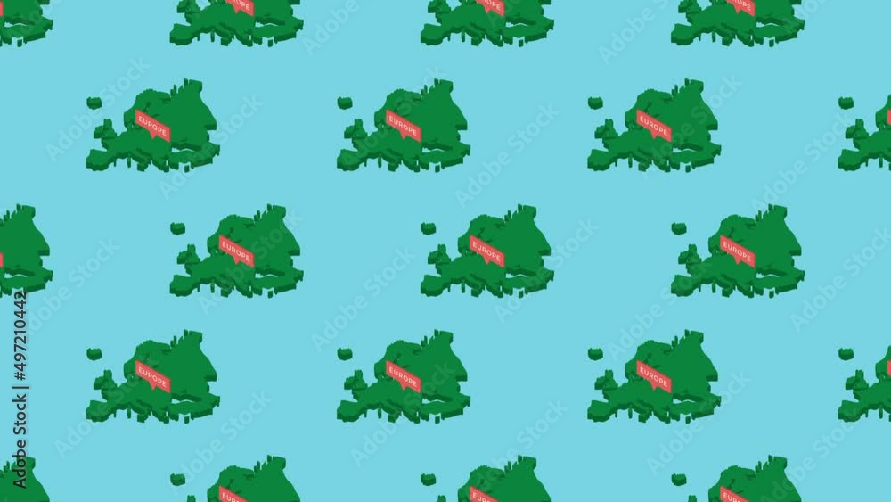 Aufkleber green isometric europe continent map with orange pointer on a blue background. seamless loop horizon