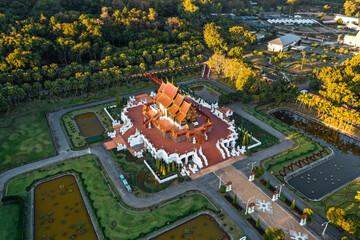 Aerial view of Royal Park Rajapruek, botanical garden and pavilion in Chiang Mai, Thailand