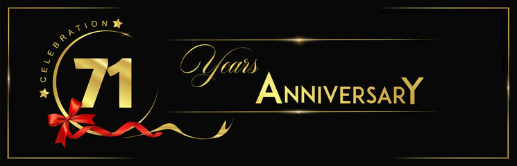 71 Years Anniversary Celebration Gold and Black Color Vector Template Design Illustration. anniversary celebration logotype with elegant modern number gold color for celebration, ribbon, luxury.
