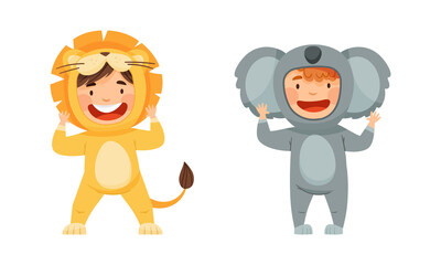 Happy kids animal in costumes set. Adorable children wearing as lion and koala cartoon vector illustration