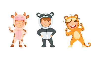 Happy kids animal in costumes set. Adorable children wearing as cow, panda bear and tiger cartoon vector illustration