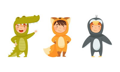 Naklejka premium Happy kids animal in costumes set. Adorable children wearing as crocodile, fox and penguin cartoon vector illustration