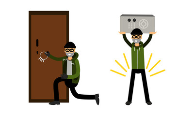 Masked thief committing robbery and breaking into house set. Criminal characters stealing money vector illustration