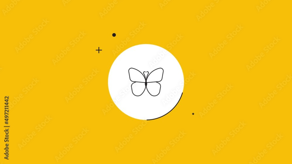 Aufkleber butterfly icon in white circle with black dynamic line on a yellow background. seamless loop dynamic