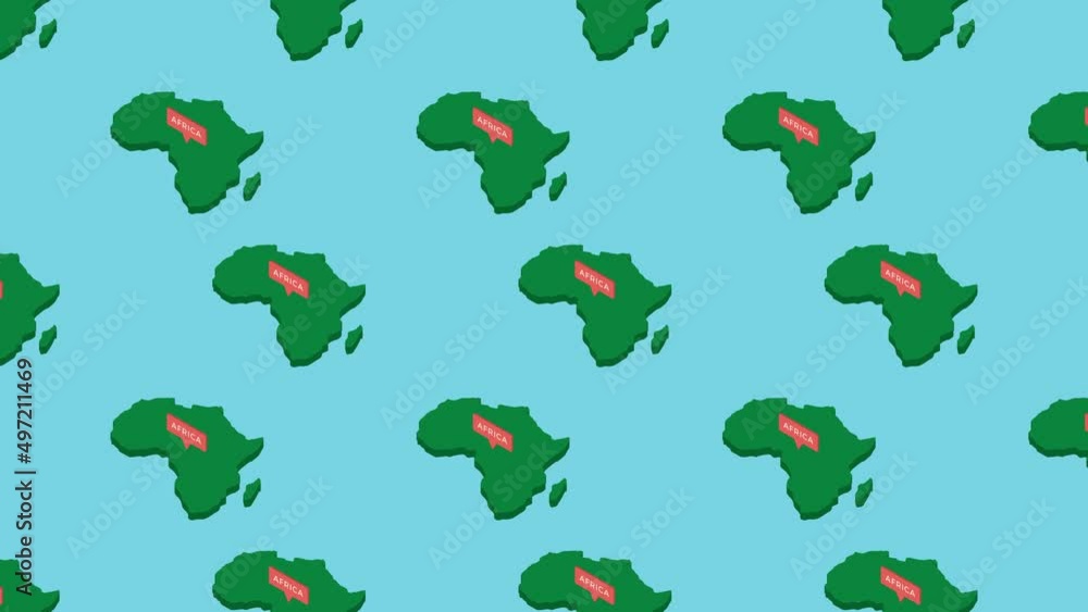 Poster green isometric maps of africa continent with orange pointers on a blue background. seamless loop ho