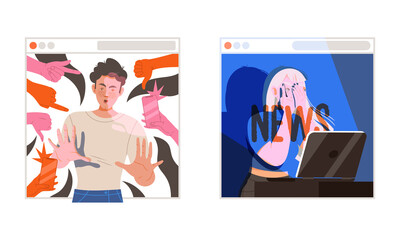 Cyberbullying and trolling in social networks. People suffering from online abuse and violence cartoon vector illustration