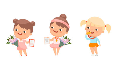 Cute happy girls celebrating win set. Adorable kids celebrating success cartoon vector illustration