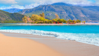 Panoramic view of amazing Oludeniz Beach And Blue Lagoon, Oludeniz beach is best beaches in Turkey - Fethiye, Turkey