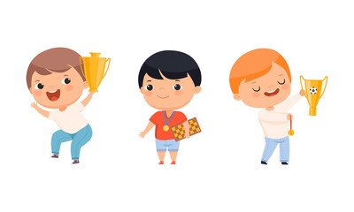 Cute happy boys champions set. Adorable kids celebrating success cartoon vector illustration