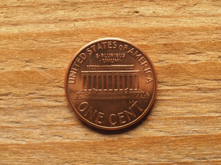 1 cent coin, reverse side showing Lincoln memorial, currency of
