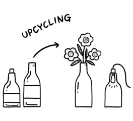 空き瓶を花瓶とボトルライトにアップサイクルするイラスト