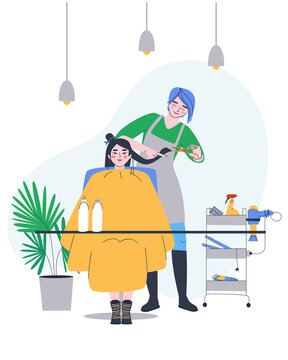 Master Hairdresser Cuts Hair. A Client Is Getting A Haircut By A Stylist. Work In A Beauty Salon. Flat Illustration. Eps10