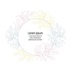 Botanical minimalist line art arranged in a circle with text space. Isolated colored floral ornament on a white background in hand drawn style. Vector тemplate for the design of invitations, posters.