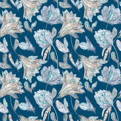 Boho Chic Watercolor Pattern on deep blue background - 497212245