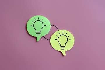 Lightbulb icon on speech bubble and exchange arrow on pink background. Exchange ideas, brainstorming