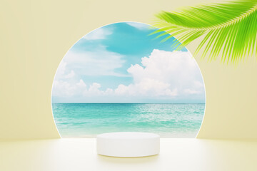 3d podium on yellow color and tropical beach with blue sky white clouds and palm leaves abstract background. Copy space of product presentation and summer nature concept. - obrazy, fototapety, plakaty