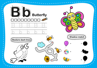 Alphabet Letter B- Butterfly exercise with cartoon vocabulary illustration, vector