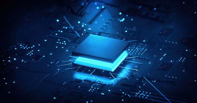 3D rendering of cyberpunk AI. Circuit board. Technology background. Central Computer Processors CPU and GPU concept. Motherboard digital chip. Tech science background.