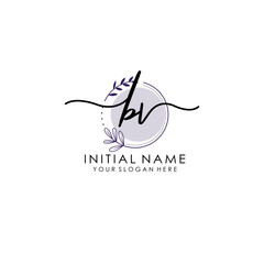 BV Luxury initial handwriting logo with flower template, logo for beauty, fashion, wedding, photography